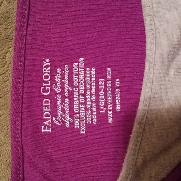 Organic cotton kids 10-12 L Purple t-shirt dress w/ gray sleeves & neck inset. - Picture 2 of 2